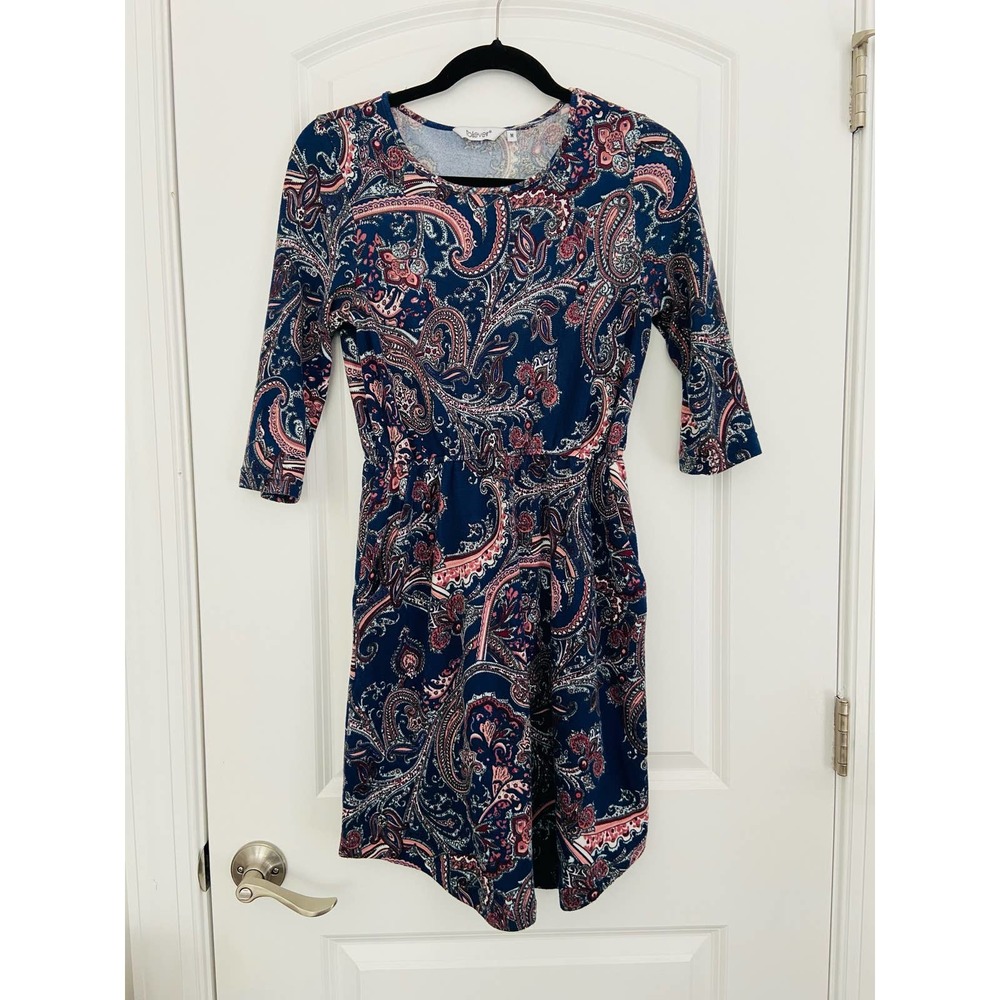 Paisley fall mid-length dress with elastic waist and pockets, size medium